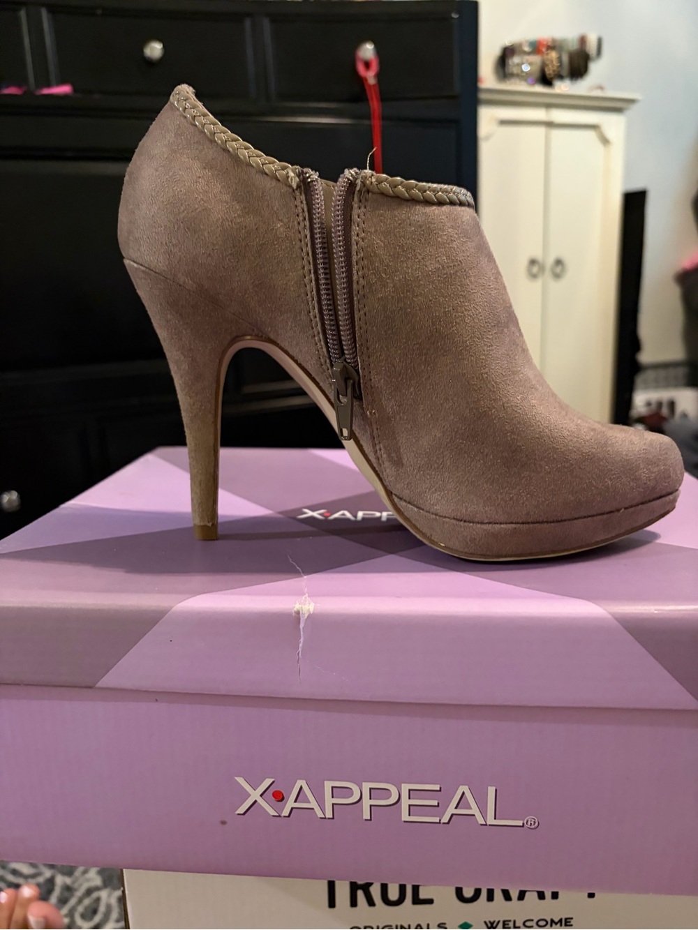 x-appeal Taupe Suede Braided Trim Ankle Bootie
